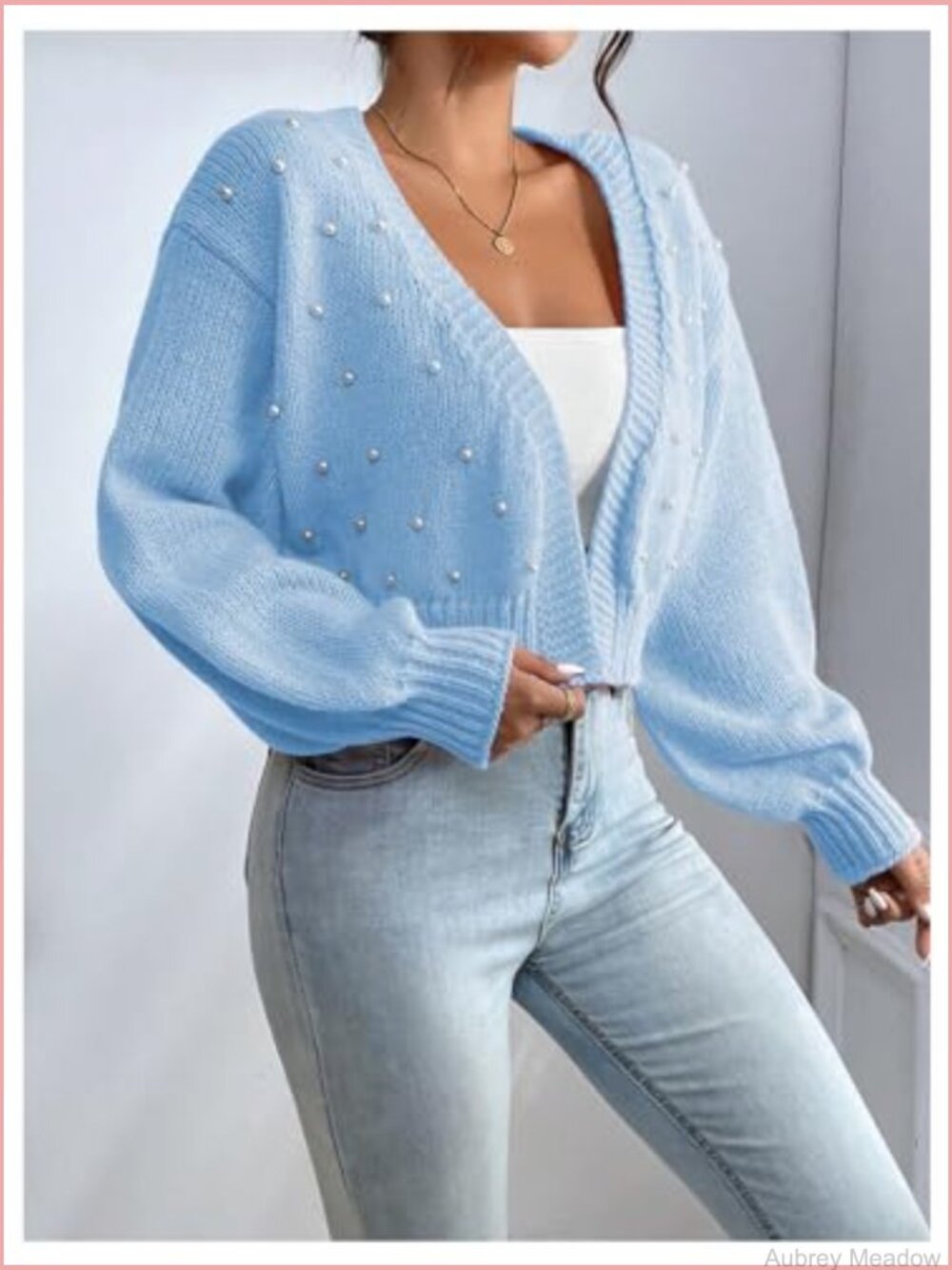 Pearl Beaded Open Front Cardigan Oversize V Neck Drop Shoulder Cropped Sweater - Picture 3 of 6